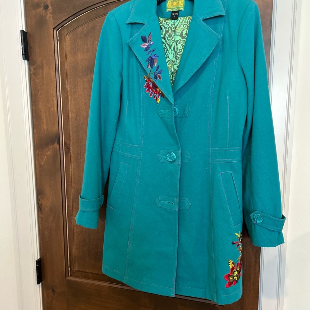 Tracy Porter Blue Floral Embroidered Trench Coat